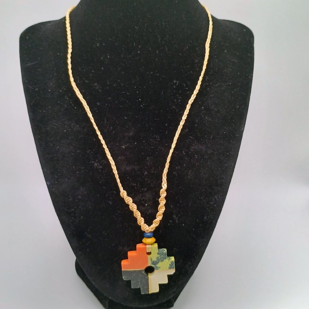 Chakana Inca Necklace, Natural Stone Andean Cross, Handmade Macrame